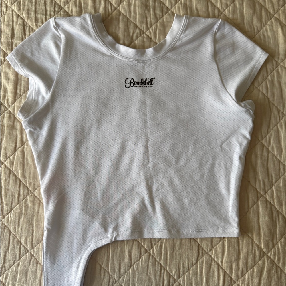 Bombshell Sportswear White Crop Mesh Sleeve Top